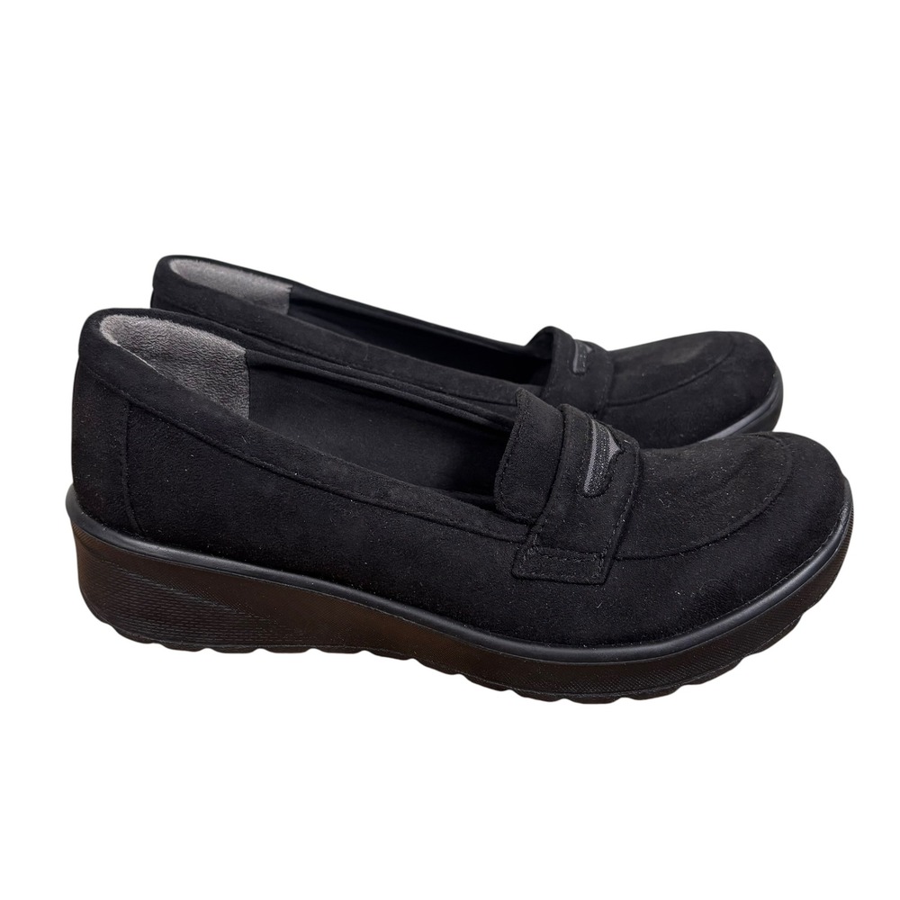 Bzees Black Fabric Penny Loafer Wedge Shoes Womens 7M Slip On Comfort Casual